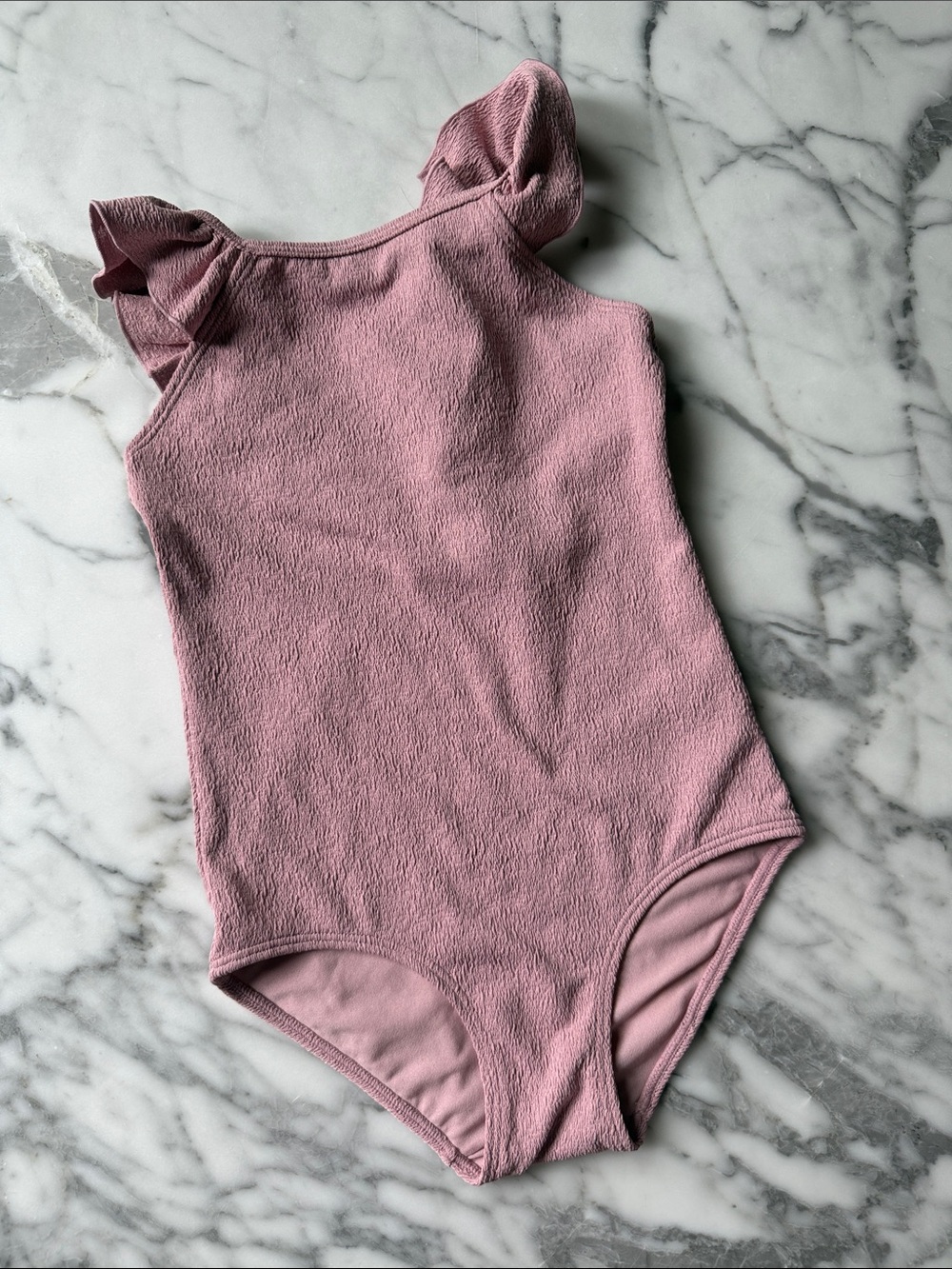 Kids Pink One-Piece Textured Swimsuit with Ruffle Shoulder Size 6x/7